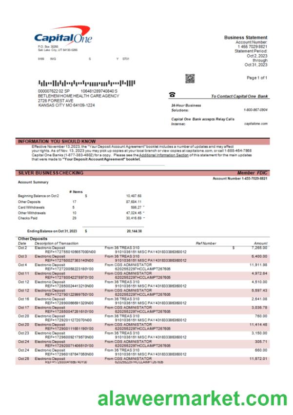 Capital One bank corporate account statement Word and PDF
